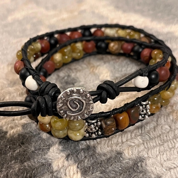 Double Wrap Leather Bracelet - Jasper, Jade, Onyx, Artisan Button Clasp -UNISEX - Picture 1 of 10